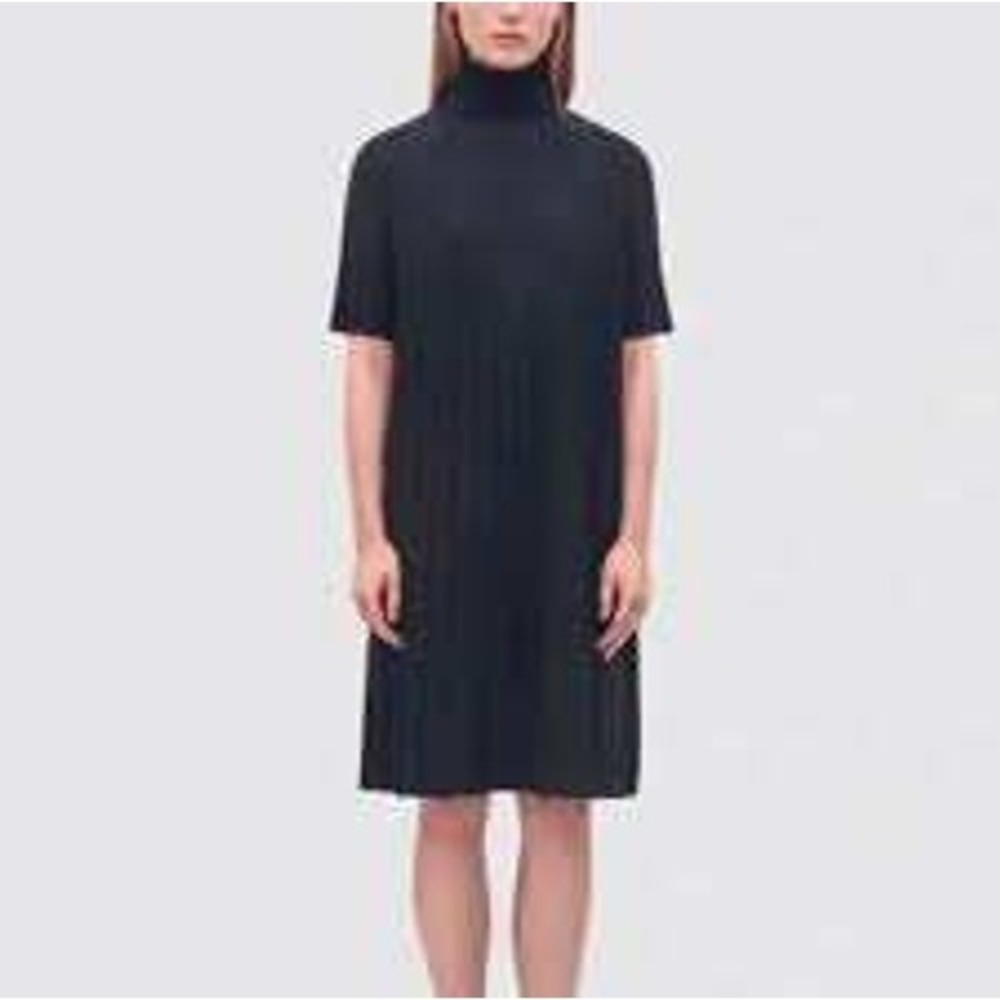 COS Wool Blend Midi Dress Womens S Black‎ Turtleneck Mid Sleeve Ribbed Pleated
